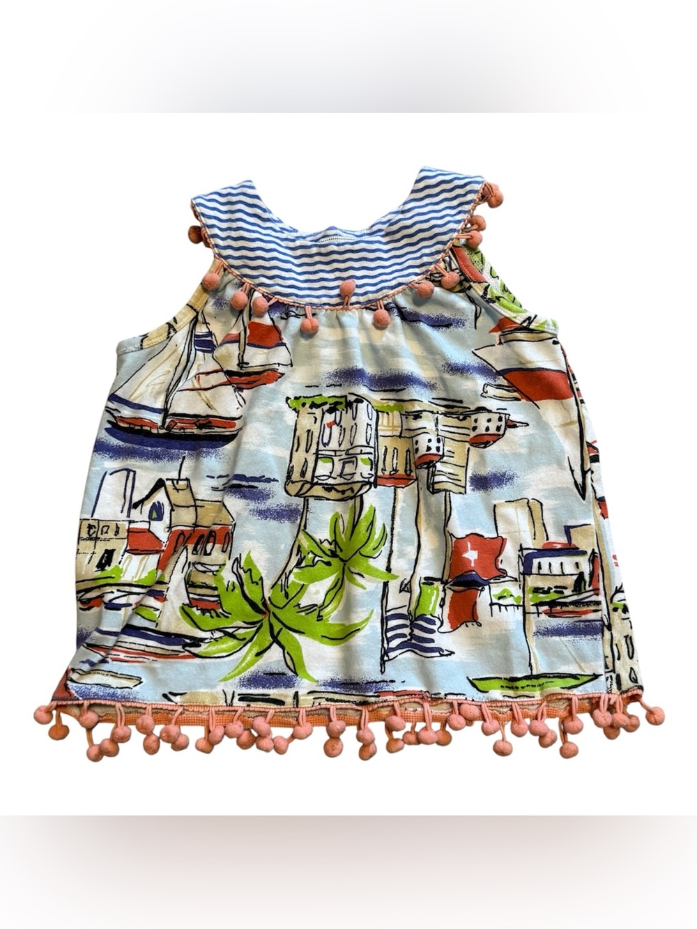 Sassy Me Baby Nautical Dress 12M Sleeveless Pink Pom Pom Summer Outfit